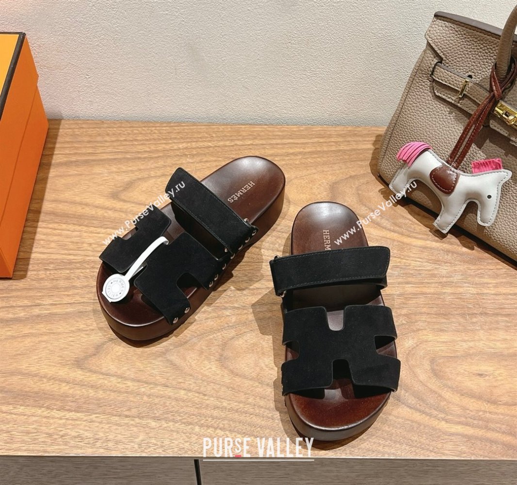 Hermes Kos Clog Slides Sandal 4cm in Suede and Wood Outsole Black 2025 0419 (XC-250419032)