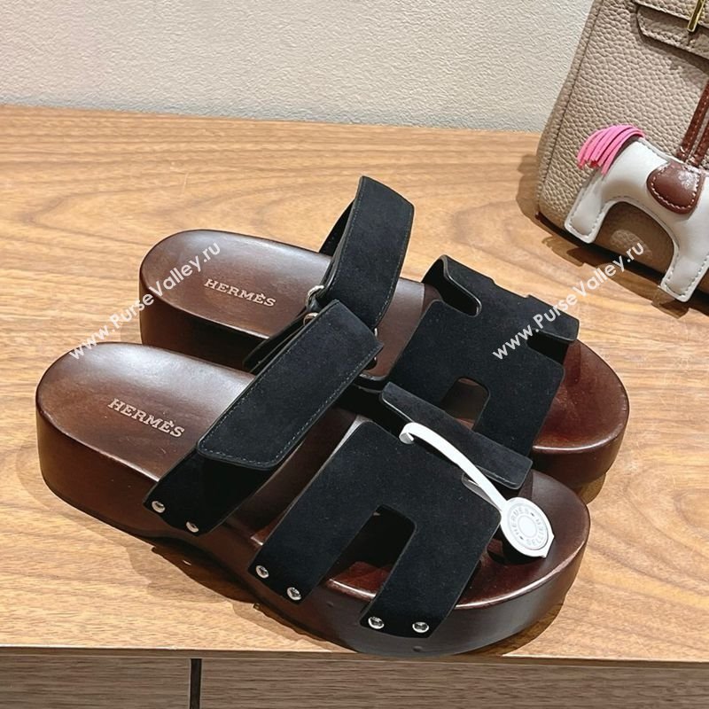 Hermes Kos Clog Slides Sandal 4cm in Suede and Wood Outsole Black 2025 0419 (XC-250419032)