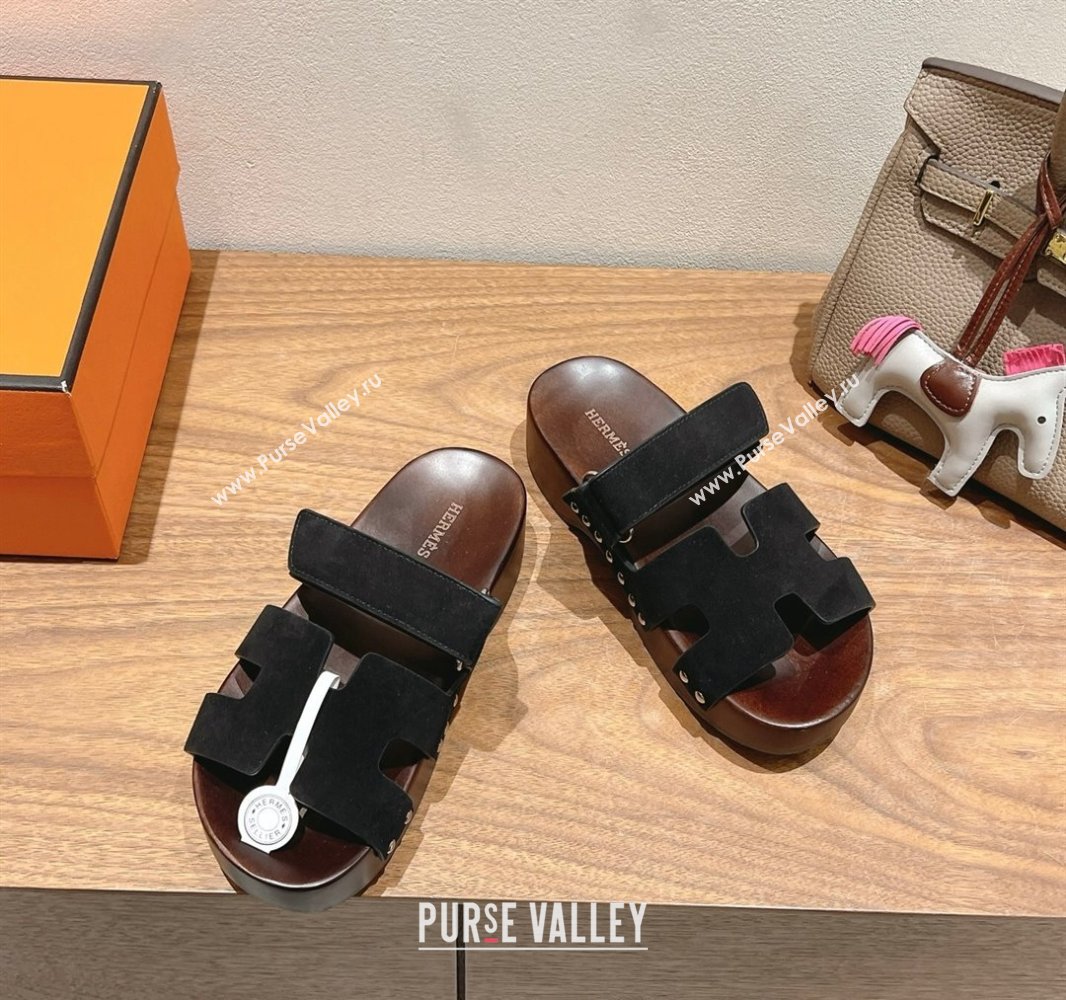 Hermes Kos Clog Slides Sandal 4cm in Suede and Wood Outsole Black 2025 0419 (XC-250419032)