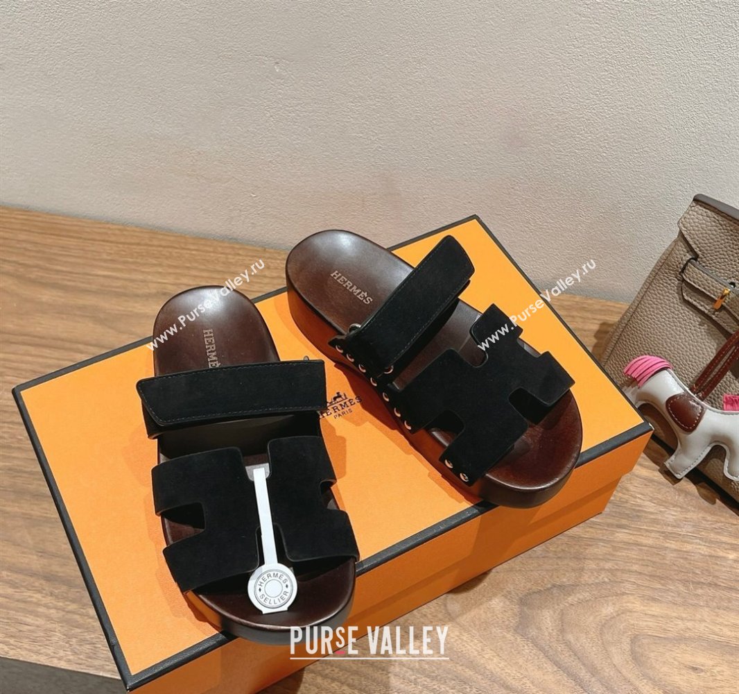 Hermes Kos Clog Slides Sandal 4cm in Suede and Wood Outsole Black 2025 0419 (XC-250419032)