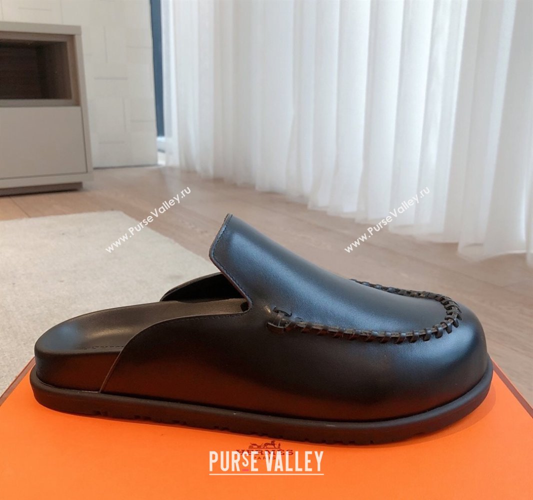 Hermes Johan Flat Mules in Calfskin Leather Black 2025 0418 (XC-250418115)