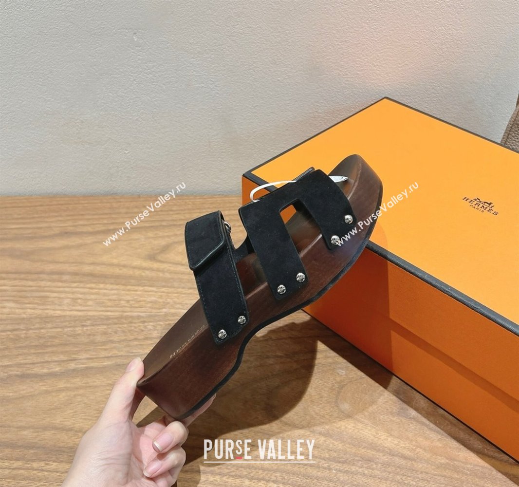 Hermes Kos Clog Slides Sandal 4cm in Suede and Wood Outsole Black 2025 0419 (XC-250419032)