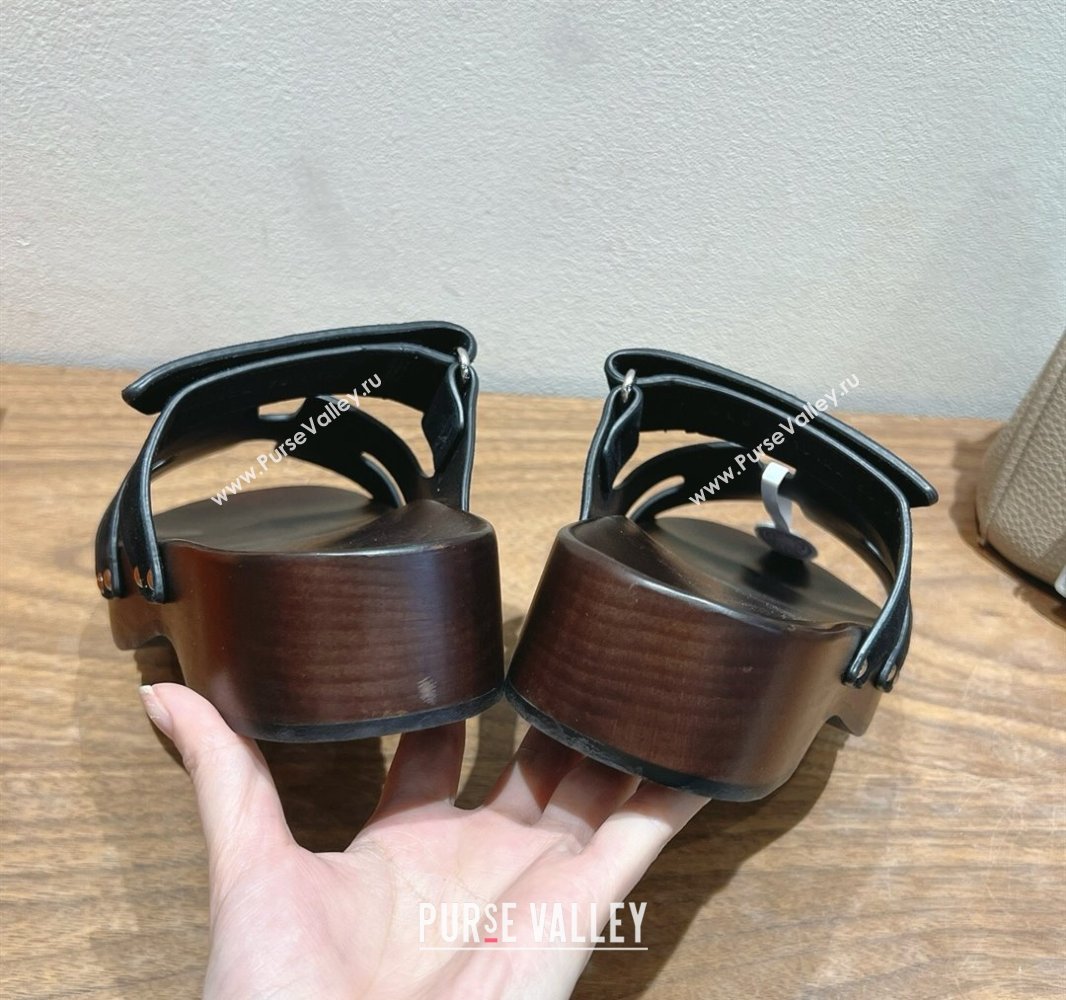 Hermes Kos Clog Slides Sandal 4cm in Suede and Wood Outsole Black 2025 0419 (XC-250419032)