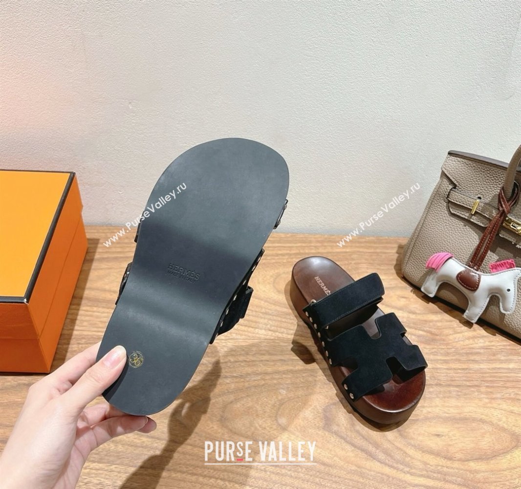 Hermes Kos Clog Slides Sandal 4cm in Suede and Wood Outsole Black 2025 0419 (XC-250419032)
