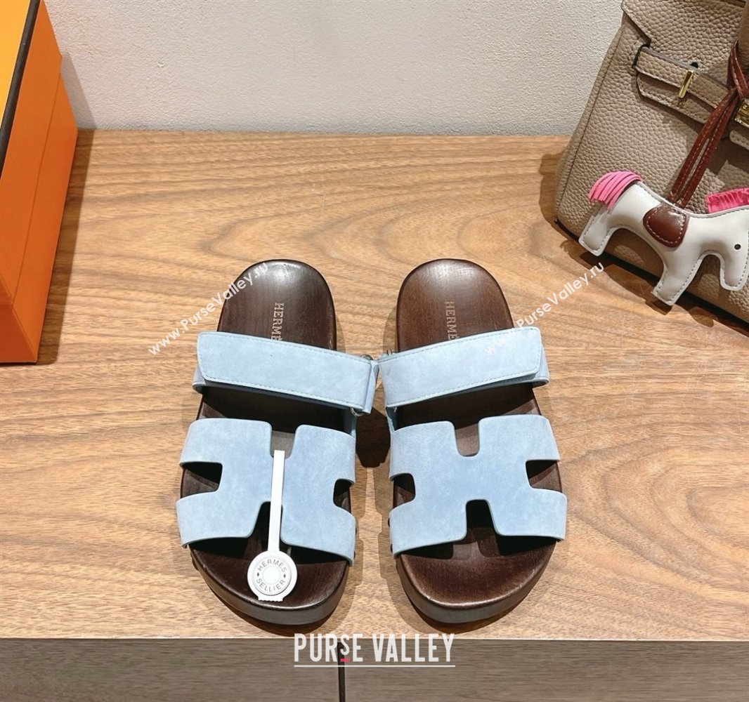 Hermes Kos Clog Slides Sandal 4cm in Suede and Wood Outsole Blue 2025 0419 (XC-250419033)
