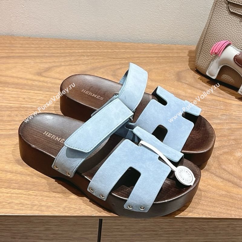 Hermes Kos Clog Slides Sandal 4cm in Suede and Wood Outsole Blue 2025 0419 (XC-250419033)