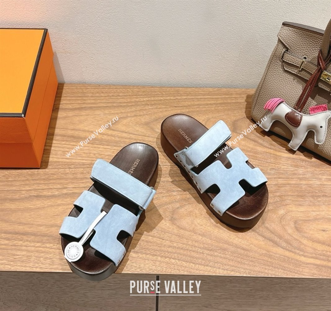 Hermes Kos Clog Slides Sandal 4cm in Suede and Wood Outsole Blue 2025 0419 (XC-250419033)