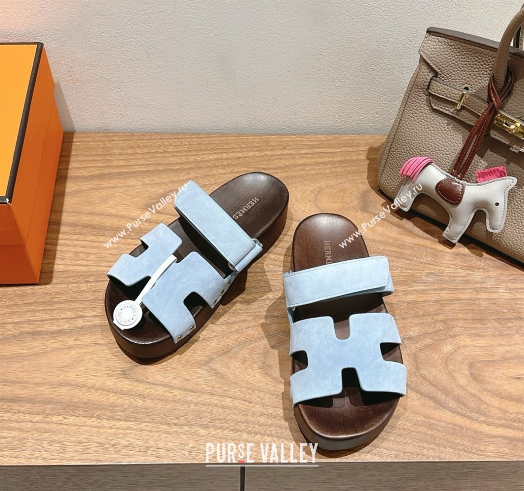 Hermes Kos Clog Slides Sandal 4cm in Suede and Wood Outsole Blue 2025 0419 (XC-250419033)