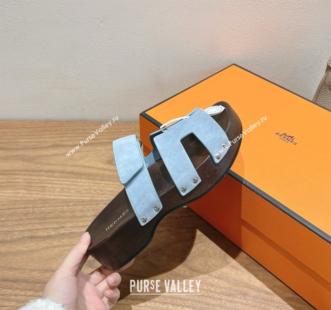 Hermes Kos Clog Slides Sandal 4cm in Suede and Wood Outsole Blue 2025 0419 (XC-250419033)