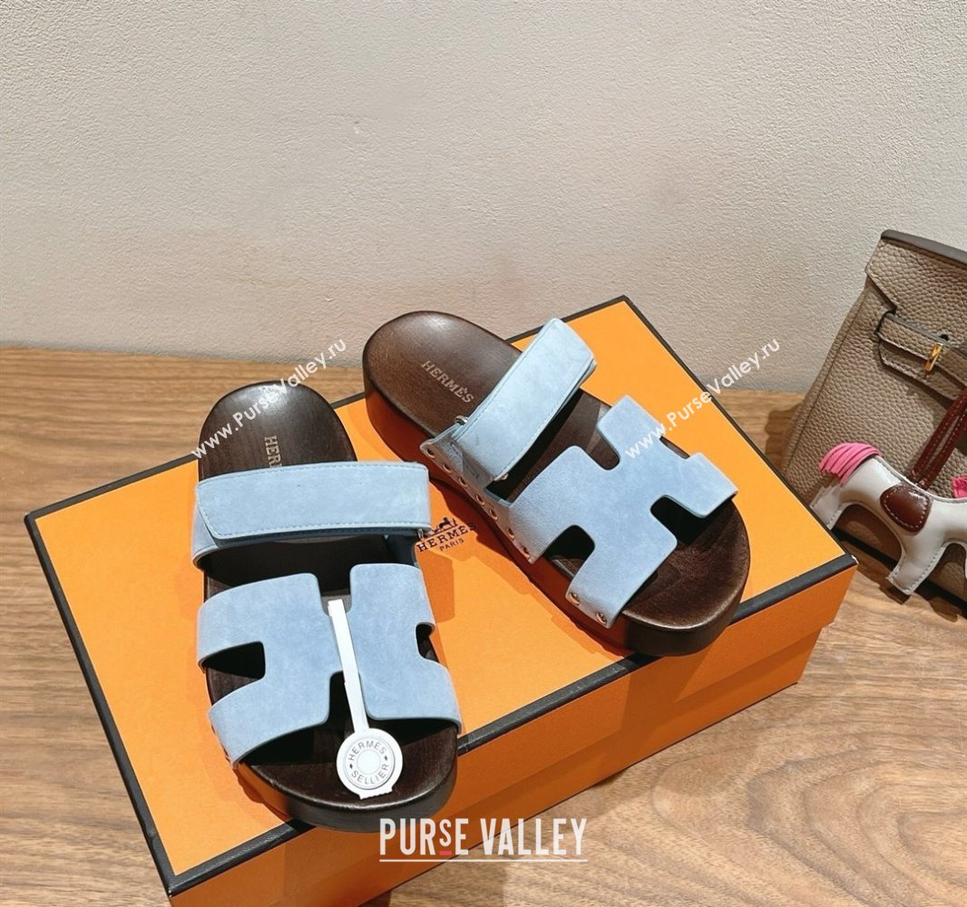 Hermes Kos Clog Slides Sandal 4cm in Suede and Wood Outsole Blue 2025 0419 (XC-250419033)