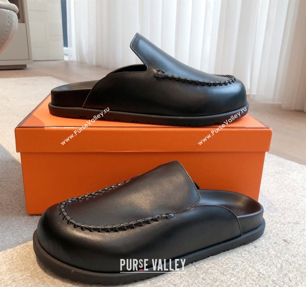 Hermes Johan Flat Mules in Calfskin Leather Black 2025 0418 (XC-250418115)