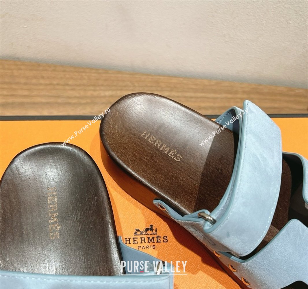 Hermes Kos Clog Slides Sandal 4cm in Suede and Wood Outsole Blue 2025 0419 (XC-250419033)