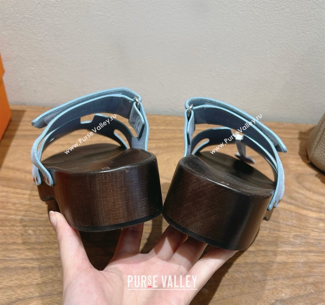 Hermes Kos Clog Slides Sandal 4cm in Suede and Wood Outsole Blue 2025 0419 (XC-250419033)