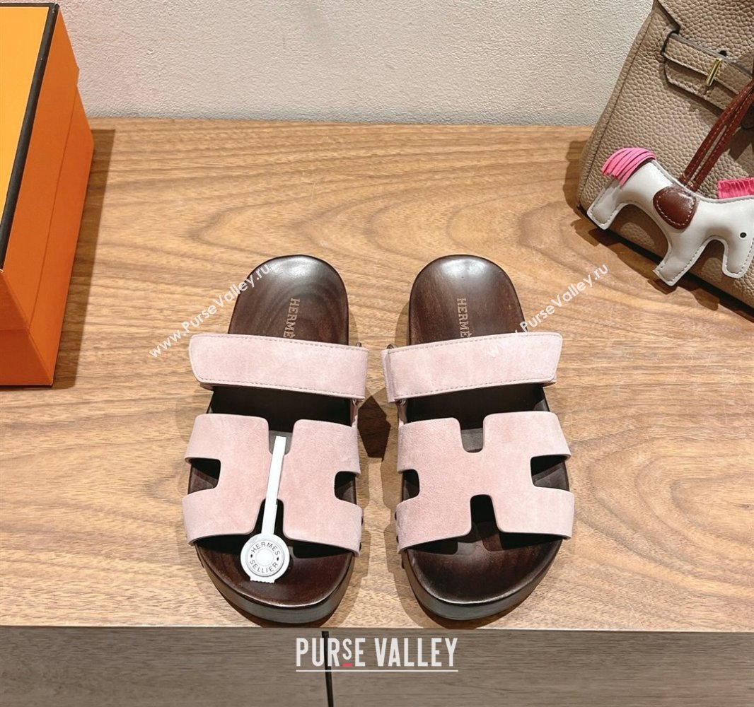 Hermes Kos Clog Slides Sandal 4cm in Suede and Wood Outsole Light Pink 2025 0419 (XC-250419035)