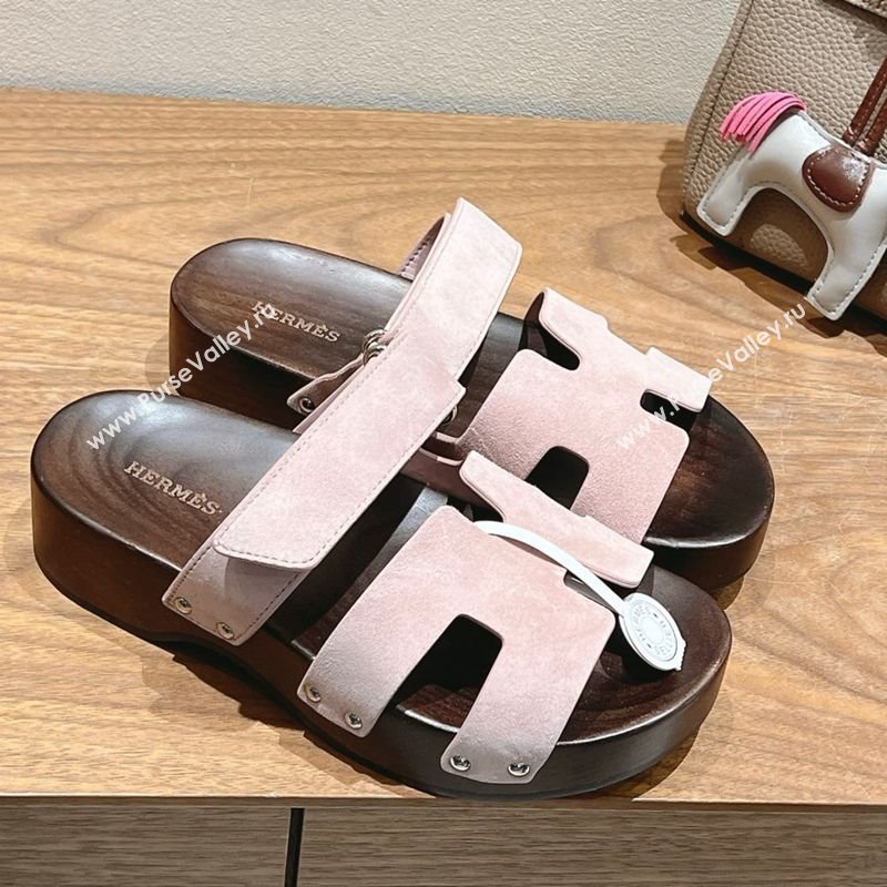 Hermes Kos Clog Slides Sandal 4cm in Suede and Wood Outsole Light Pink 2025 0419 (XC-250419035)
