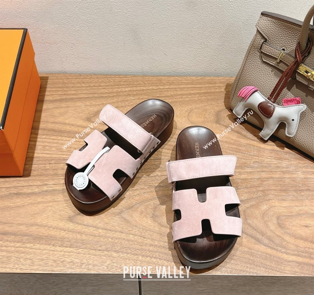 Hermes Kos Clog Slides Sandal 4cm in Suede and Wood Outsole Light Pink 2025 0419 (XC-250419035)