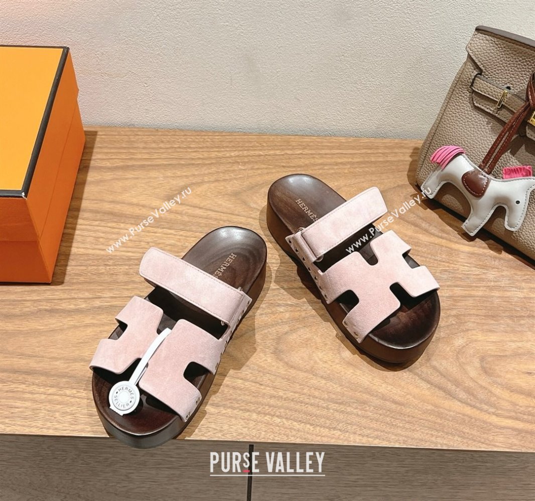 Hermes Kos Clog Slides Sandal 4cm in Suede and Wood Outsole Light Pink 2025 0419 (XC-250419035)