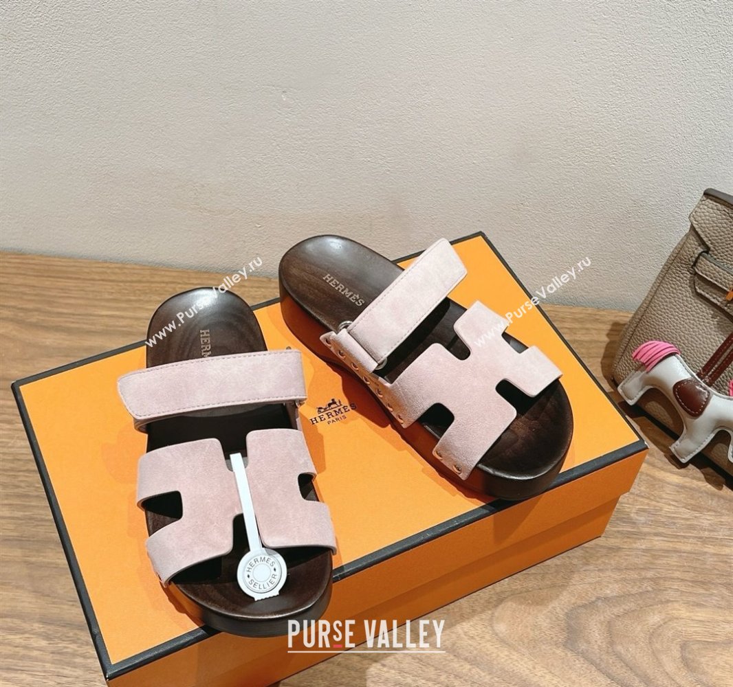 Hermes Kos Clog Slides Sandal 4cm in Suede and Wood Outsole Light Pink 2025 0419 (XC-250419035)