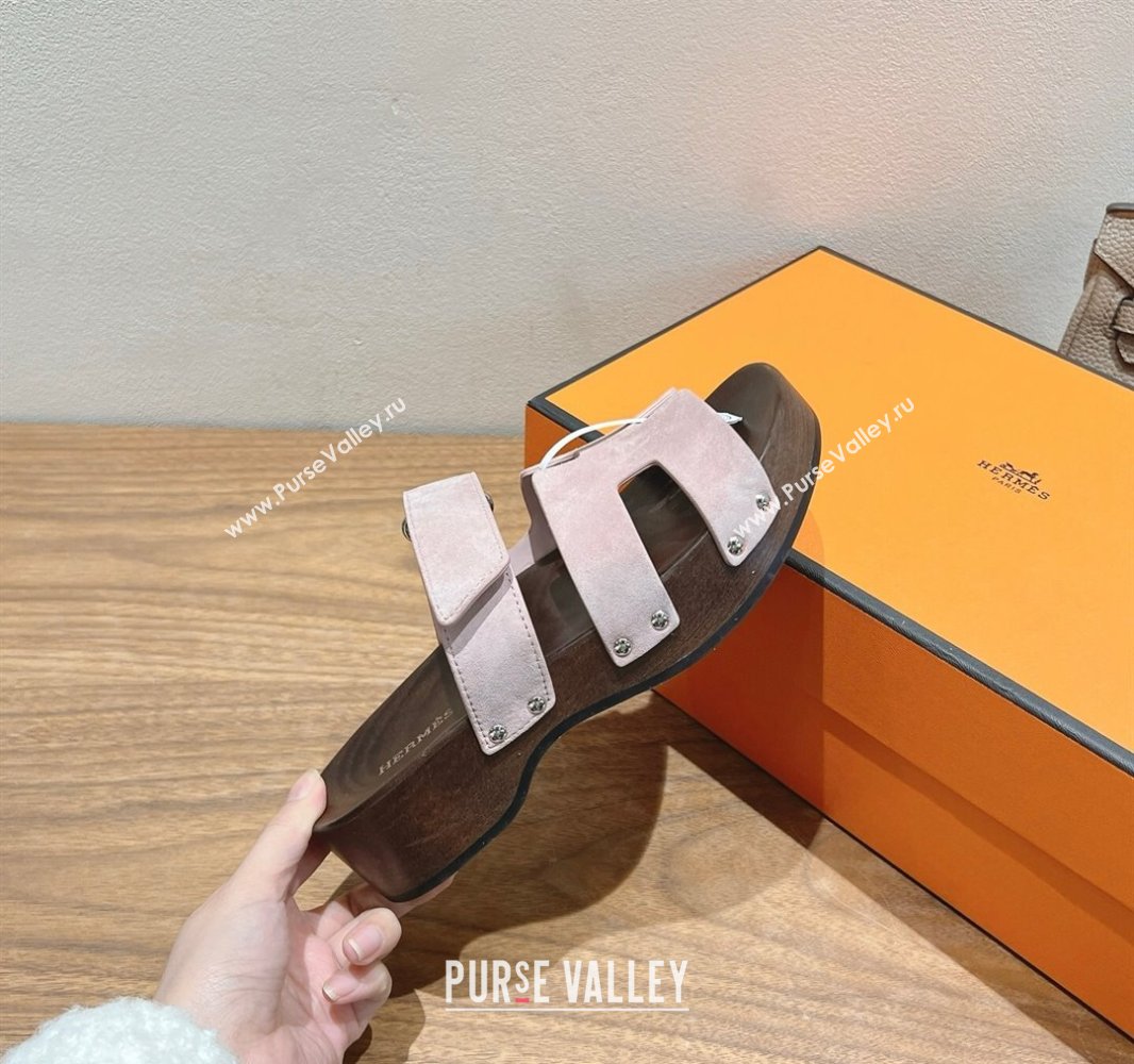 Hermes Kos Clog Slides Sandal 4cm in Suede and Wood Outsole Light Pink 2025 0419 (XC-250419035)