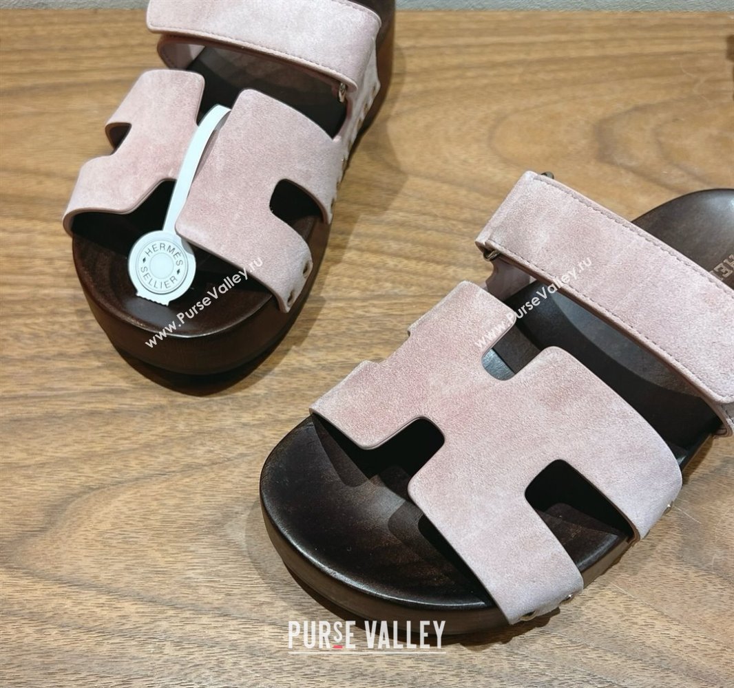 Hermes Kos Clog Slides Sandal 4cm in Suede and Wood Outsole Light Pink 2025 0419 (XC-250419035)