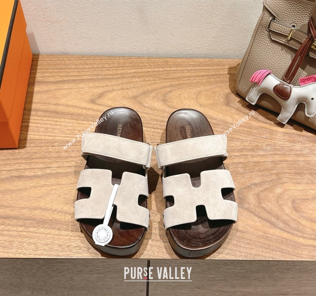 Hermes Kos Clog Slides Sandal 4cm in Suede and Wood Outsole Beige Grey 2025 0419 (XC-250419036)