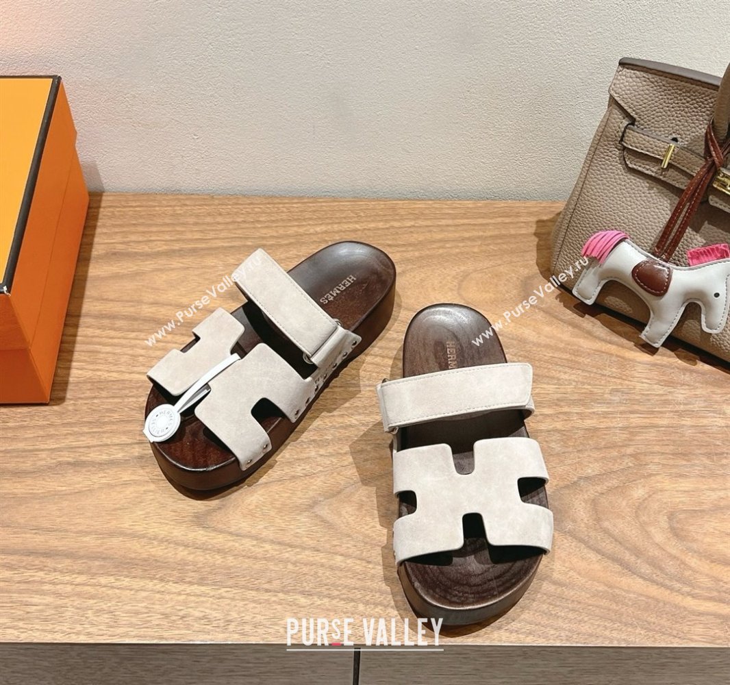 Hermes Kos Clog Slides Sandal 4cm in Suede and Wood Outsole Beige Grey 2025 0419 (XC-250419036)