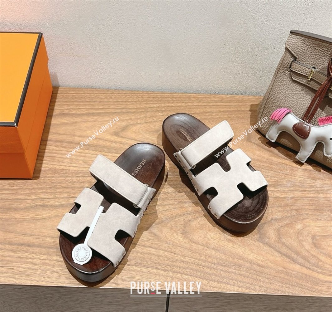 Hermes Kos Clog Slides Sandal 4cm in Suede and Wood Outsole Beige Grey 2025 0419 (XC-250419036)