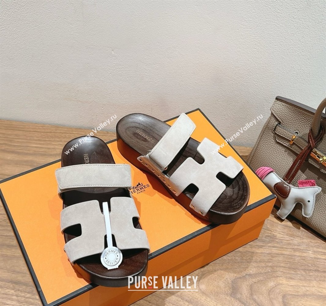 Hermes Kos Clog Slides Sandal 4cm in Suede and Wood Outsole Beige Grey 2025 0419 (XC-250419036)