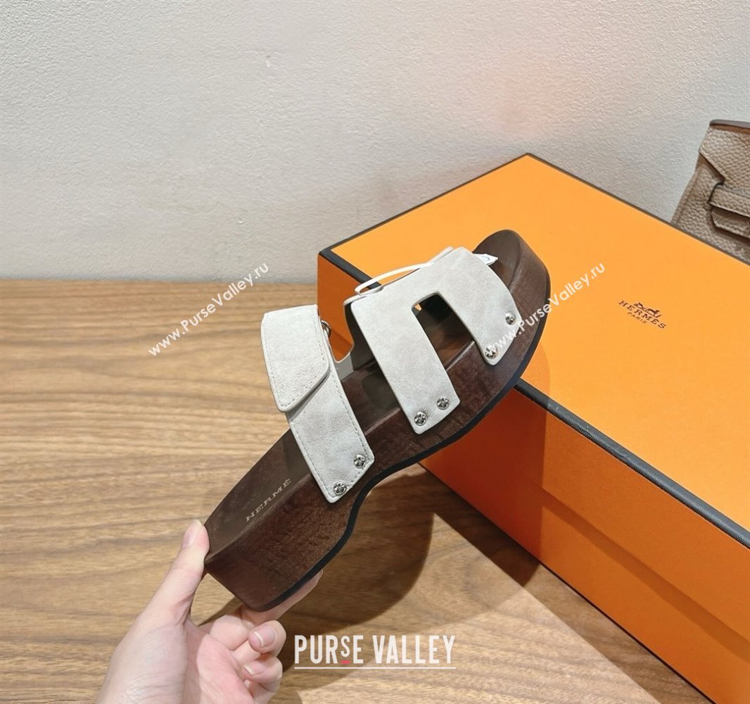 Hermes Kos Clog Slides Sandal 4cm in Suede and Wood Outsole Beige Grey 2025 0419 (XC-250419036)