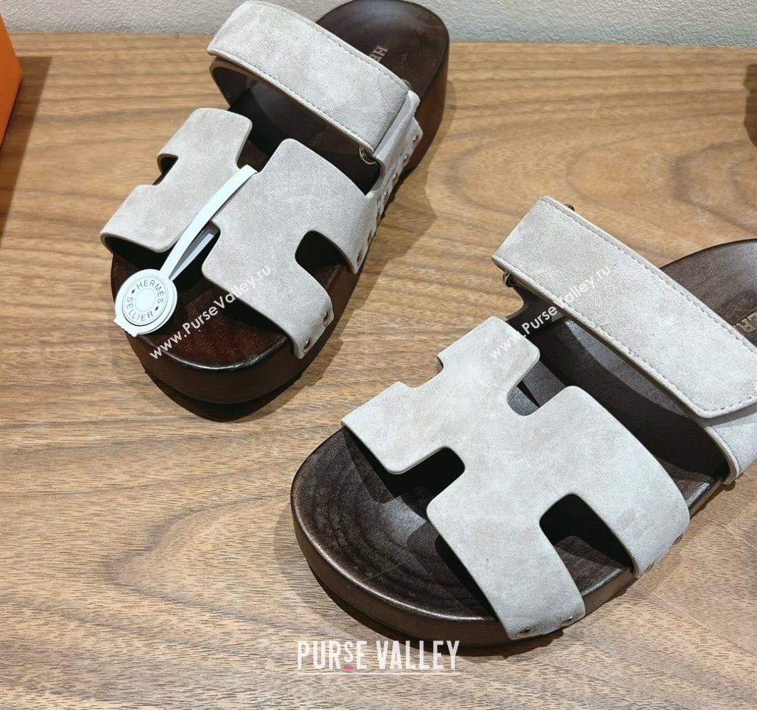 Hermes Kos Clog Slides Sandal 4cm in Suede and Wood Outsole Beige Grey 2025 0419 (XC-250419036)