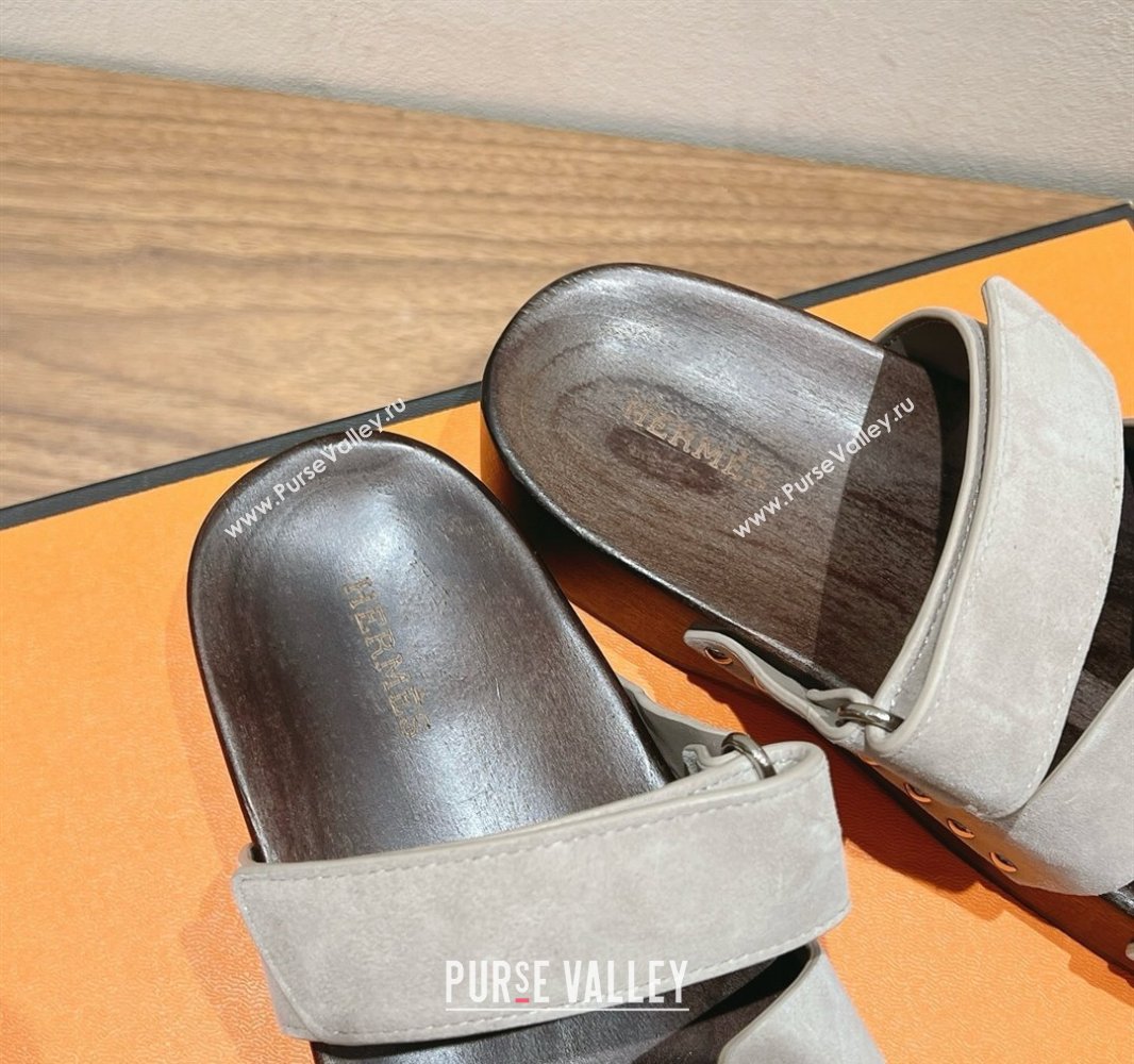 Hermes Kos Clog Slides Sandal 4cm in Suede and Wood Outsole Beige Grey 2025 0419 (XC-250419036)