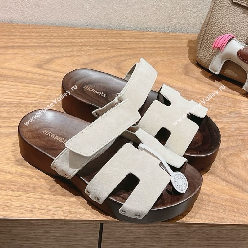 Hermes Kos Clog Slides Sandal 4cm in Suede and Wood Outsole Grey2 2025 0419 (XC-250419037)