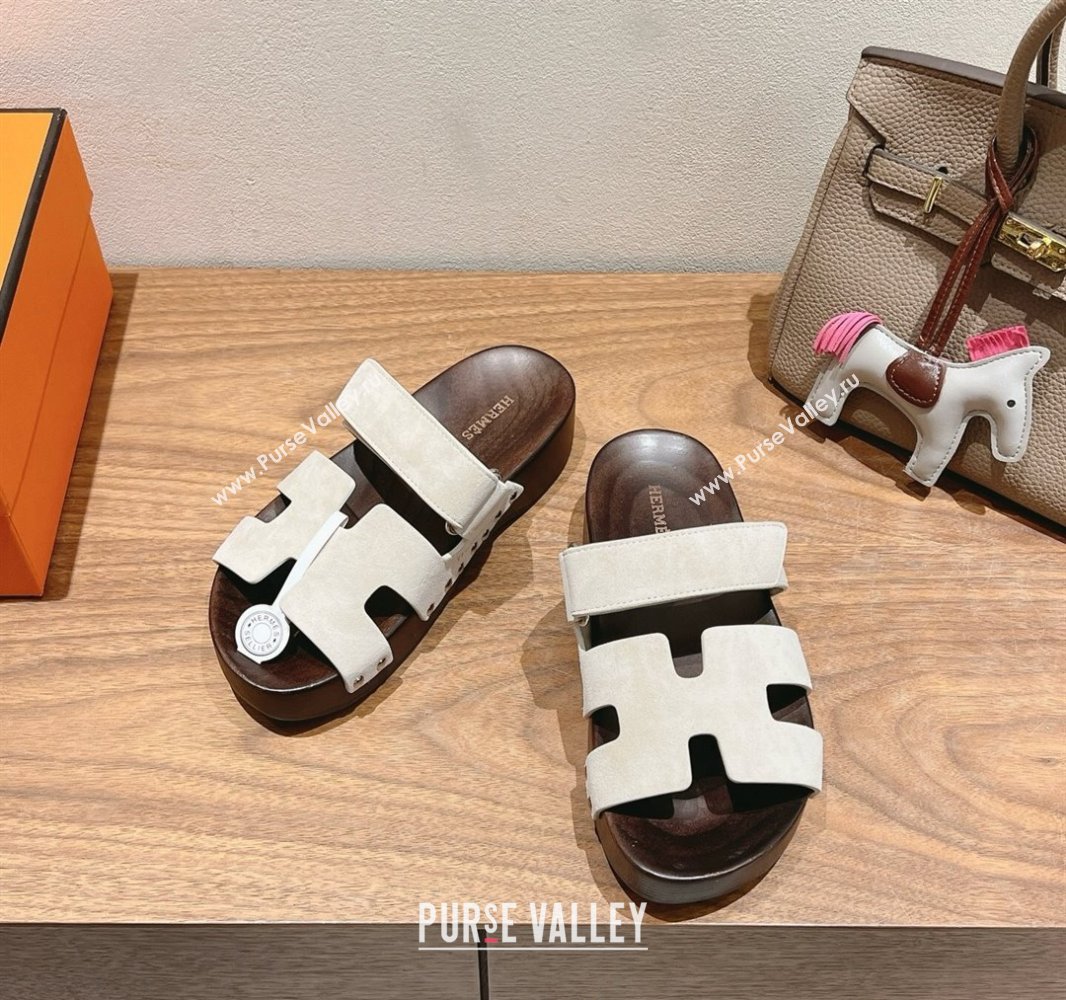 Hermes Kos Clog Slides Sandal 4cm in Suede and Wood Outsole Grey2 2025 0419 (XC-250419037)