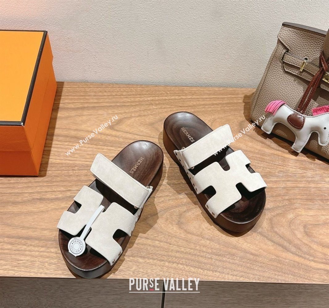 Hermes Kos Clog Slides Sandal 4cm in Suede and Wood Outsole Grey2 2025 0419 (XC-250419037)