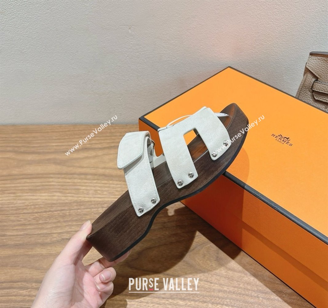 Hermes Kos Clog Slides Sandal 4cm in Suede and Wood Outsole Grey2 2025 0419 (XC-250419037)