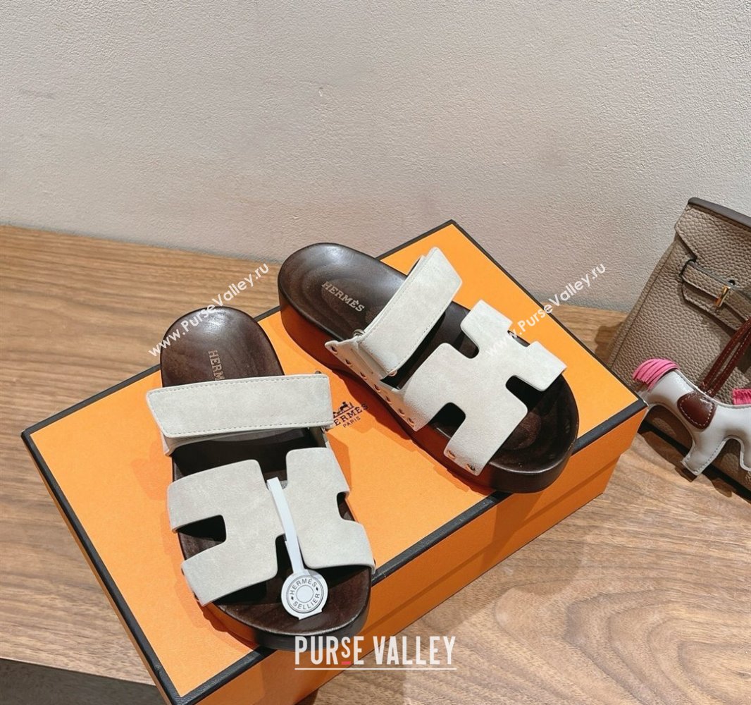 Hermes Kos Clog Slides Sandal 4cm in Suede and Wood Outsole Grey2 2025 0419 (XC-250419037)