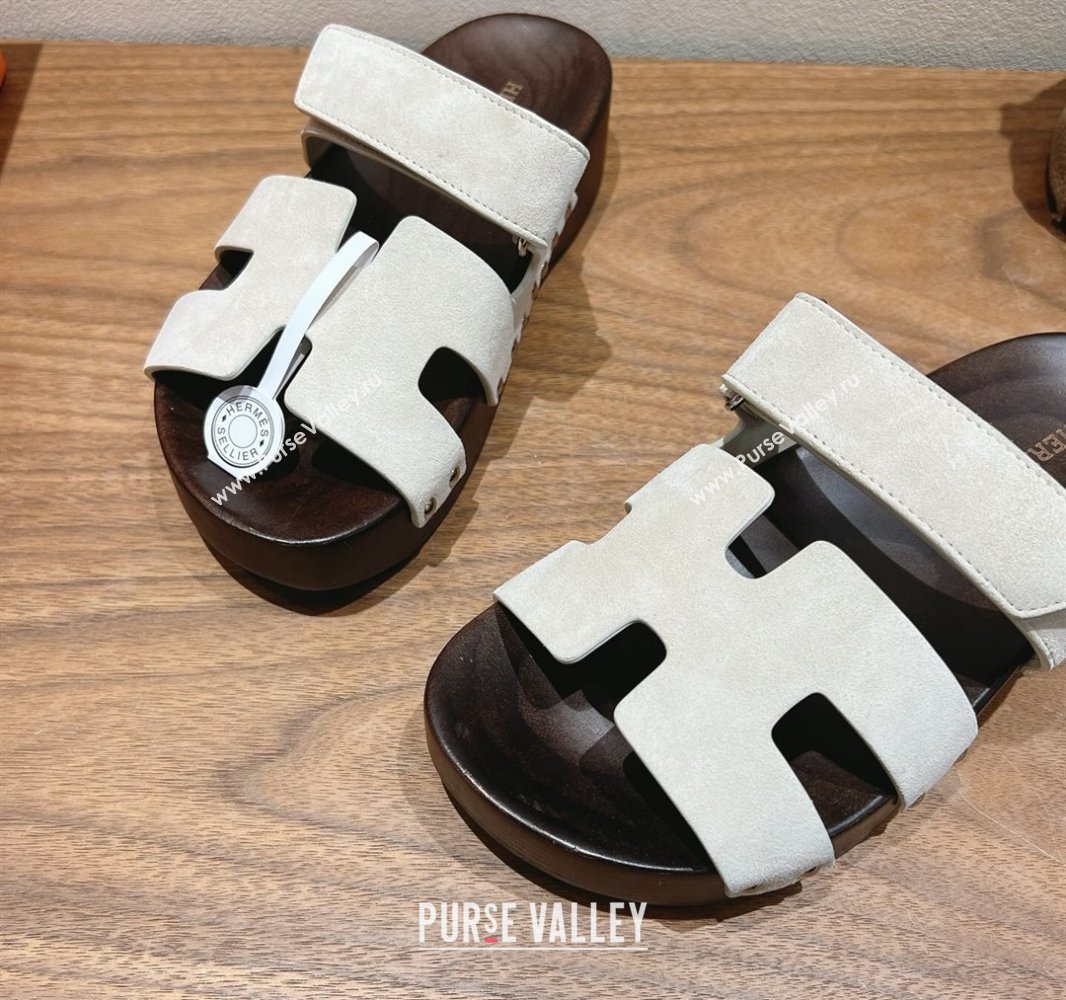 Hermes Kos Clog Slides Sandal 4cm in Suede and Wood Outsole Grey2 2025 0419 (XC-250419037)