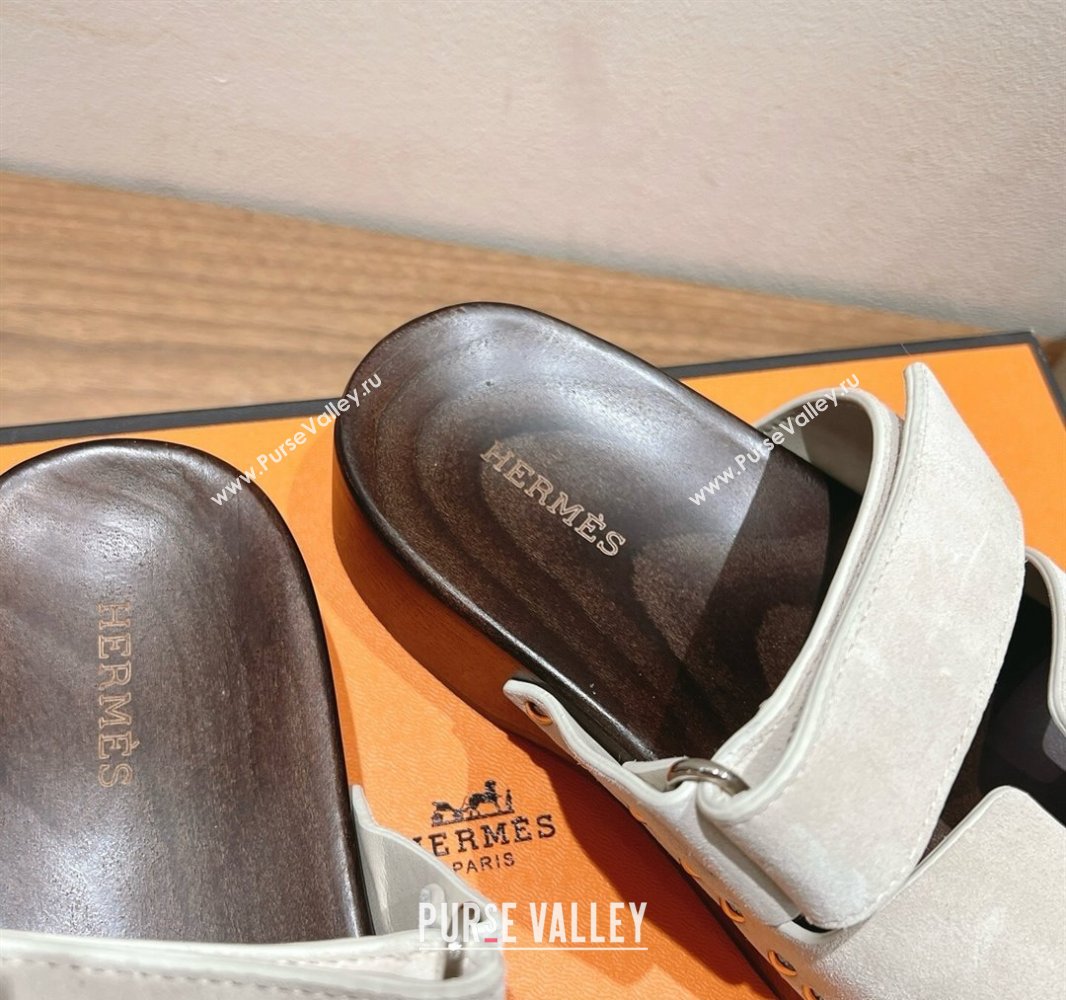 Hermes Kos Clog Slides Sandal 4cm in Suede and Wood Outsole Grey2 2025 0419 (XC-250419037)