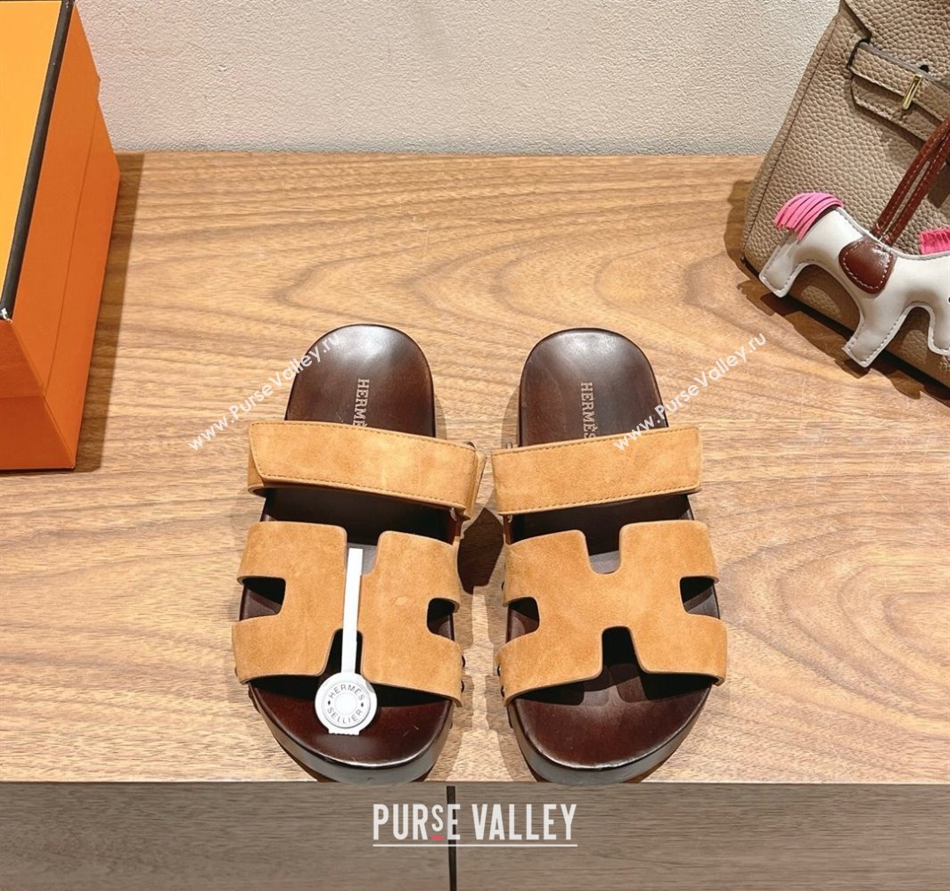 Hermes Kos Clog Slides Sandal 4cm in Suede and Wood Outsole Brown2 2025 0419 (XC-250419038)