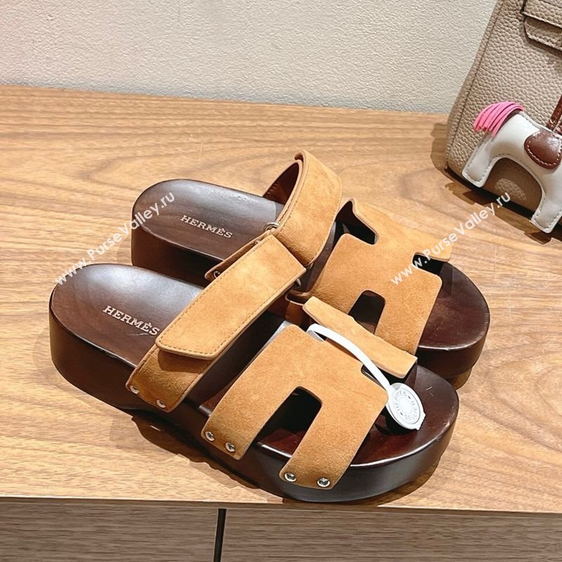 Hermes Kos Clog Slides Sandal 4cm in Suede and Wood Outsole Brown2 2025 0419 (XC-250419038)