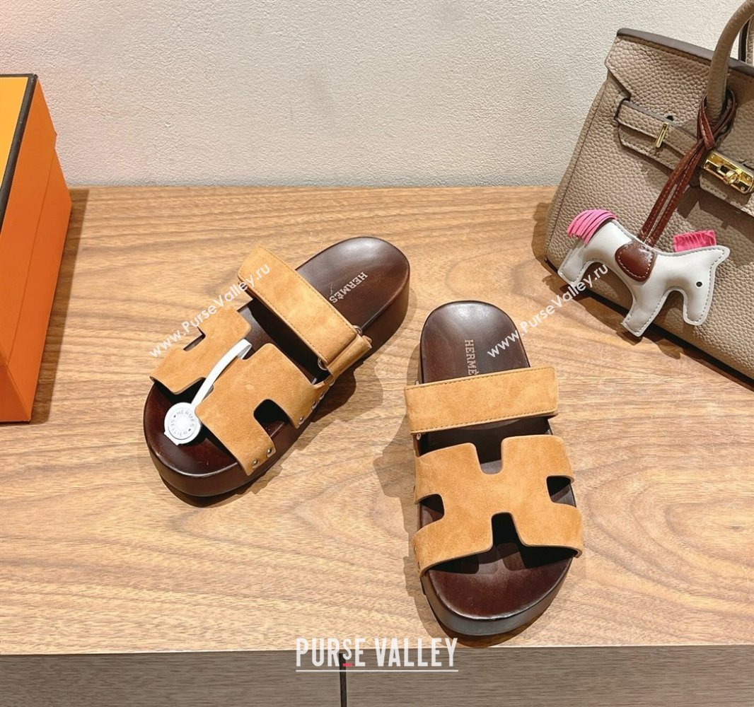 Hermes Kos Clog Slides Sandal 4cm in Suede and Wood Outsole Brown2 2025 0419 (XC-250419038)