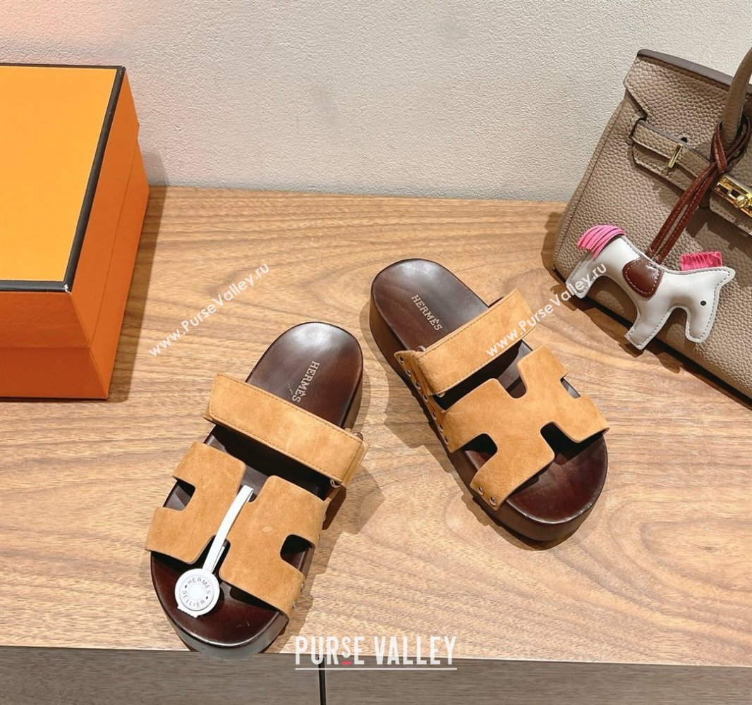 Hermes Kos Clog Slides Sandal 4cm in Suede and Wood Outsole Brown2 2025 0419 (XC-250419038)