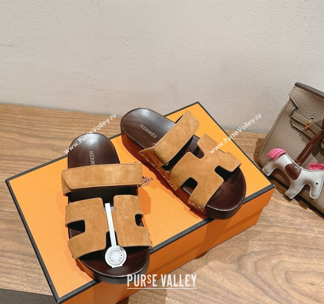 Hermes Kos Clog Slides Sandal 4cm in Suede and Wood Outsole Brown2 2025 0419 (XC-250419038)
