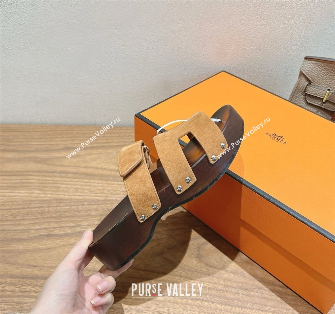 Hermes Kos Clog Slides Sandal 4cm in Suede and Wood Outsole Brown2 2025 0419 (XC-250419038)