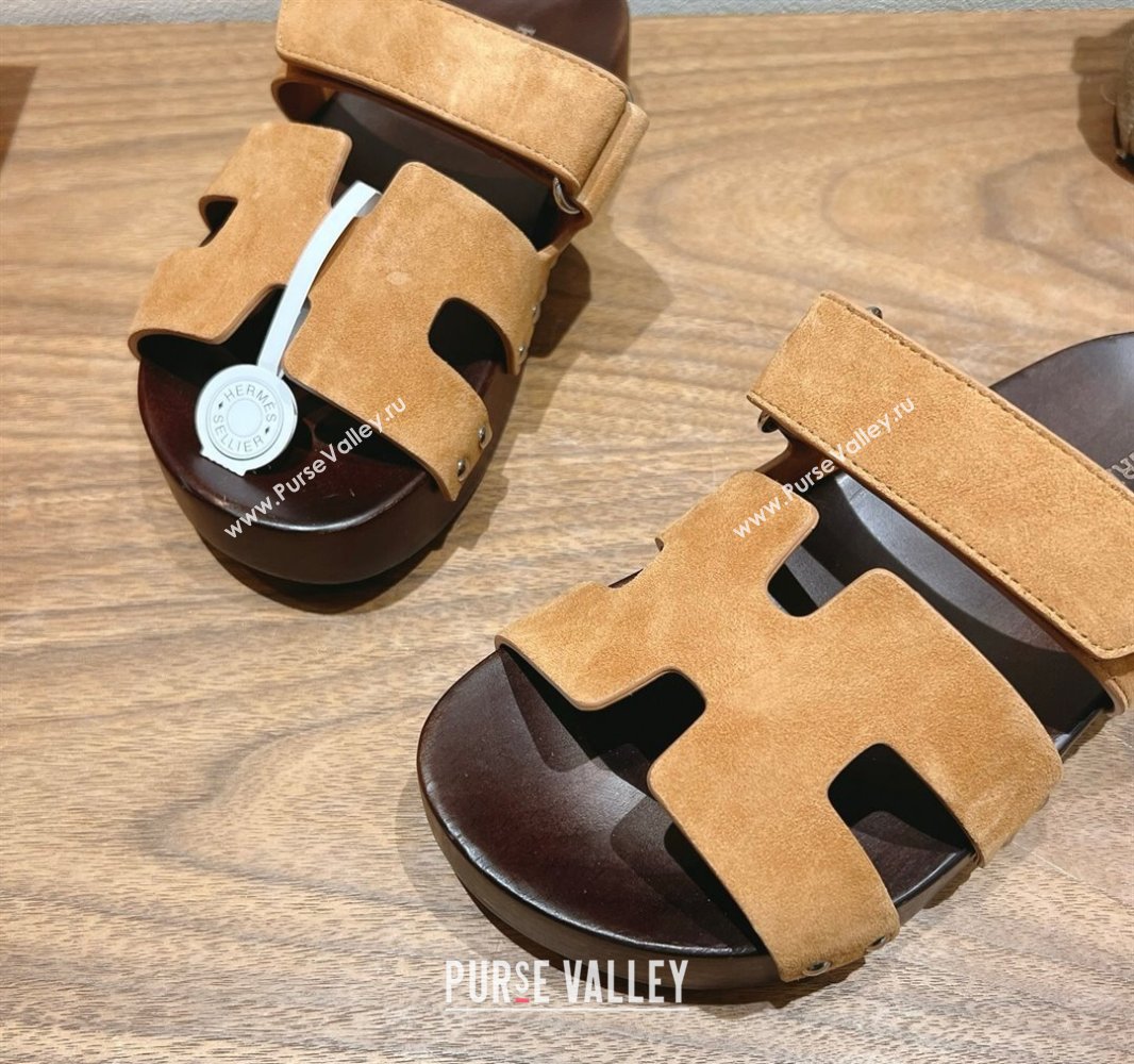 Hermes Kos Clog Slides Sandal 4cm in Suede and Wood Outsole Brown2 2025 0419 (XC-250419038)