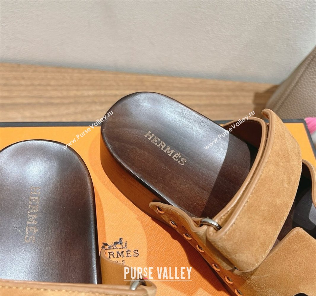 Hermes Kos Clog Slides Sandal 4cm in Suede and Wood Outsole Brown2 2025 0419 (XC-250419038)