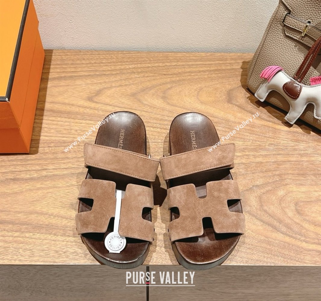Hermes Kos Clog Slides Sandal 4cm in Suede and Wood Outsole Dark Brown 2025 0419 (XC-250419039)