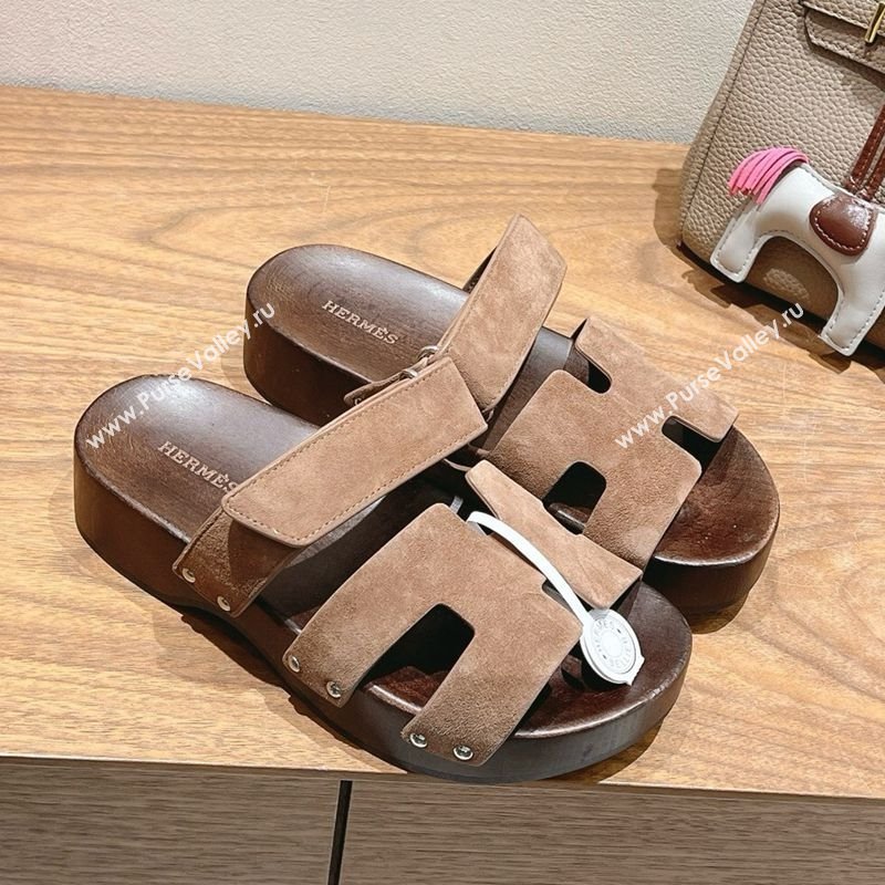 Hermes Kos Clog Slides Sandal 4cm in Suede and Wood Outsole Dark Brown 2025 0419 (XC-250419039)