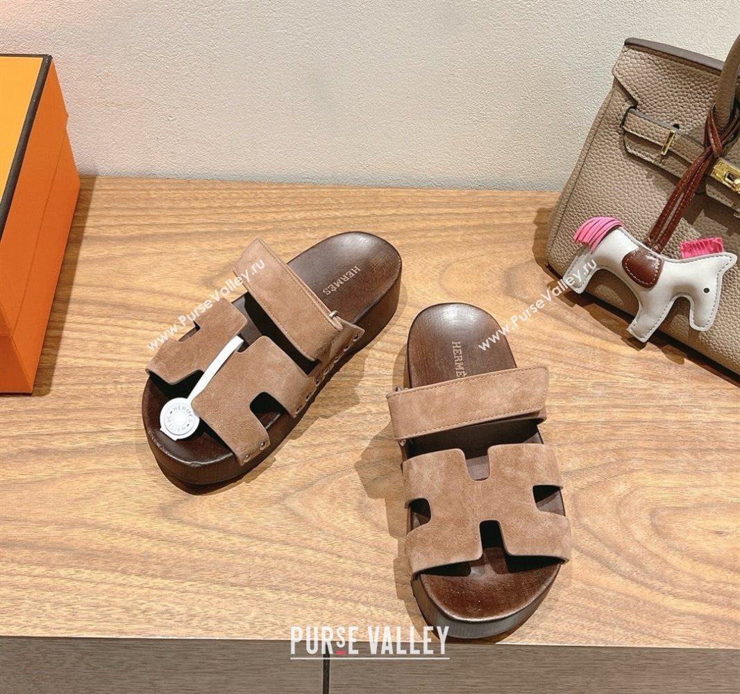 Hermes Kos Clog Slides Sandal 4cm in Suede and Wood Outsole Dark Brown 2025 0419 (XC-250419039)