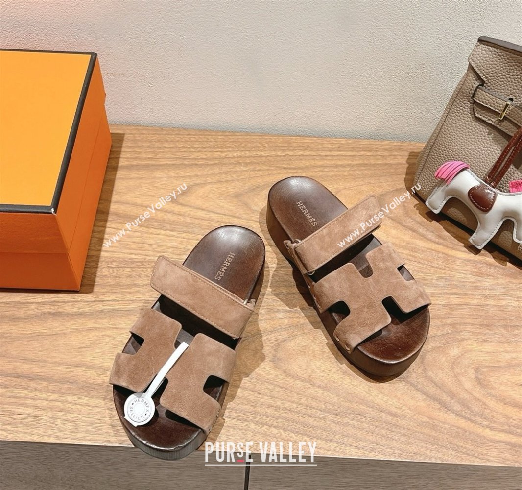 Hermes Kos Clog Slides Sandal 4cm in Suede and Wood Outsole Dark Brown 2025 0419 (XC-250419039)